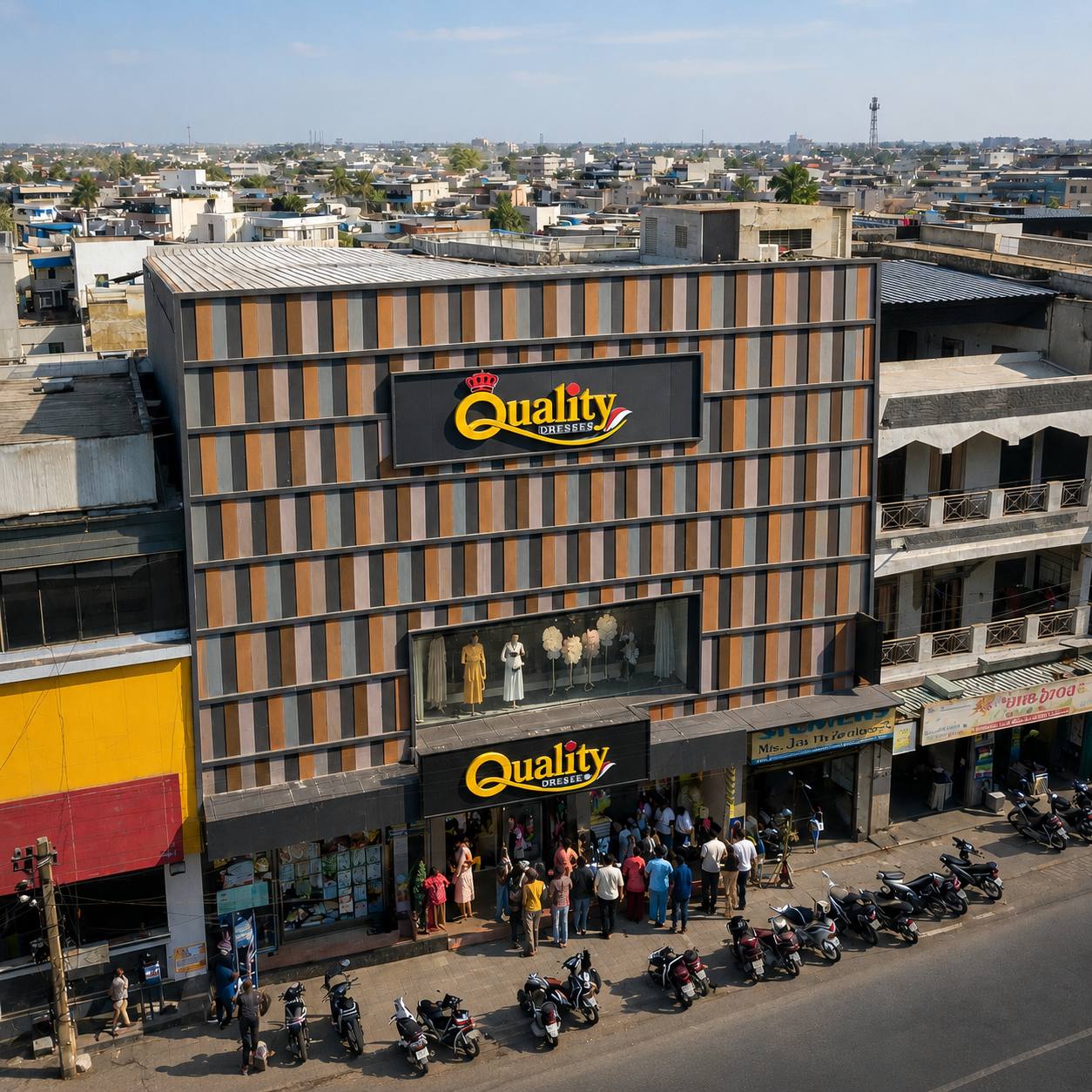 Quality Dresses storefront exterior, Railway Station Road, Bharuch